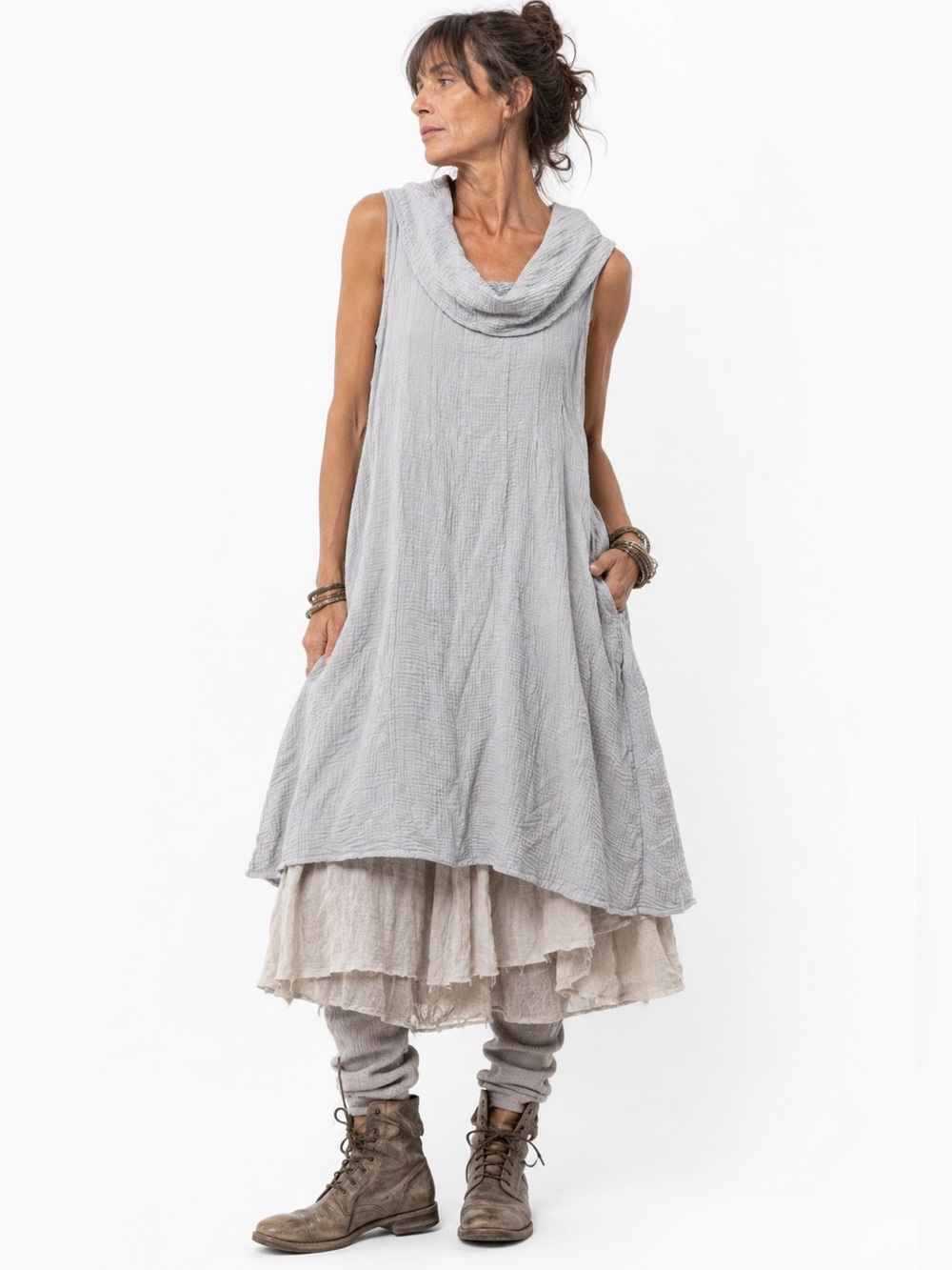 Color Me Cotton Vintage 90s Crinkle Gauzy Cotton Draped Cowl Neck Dress